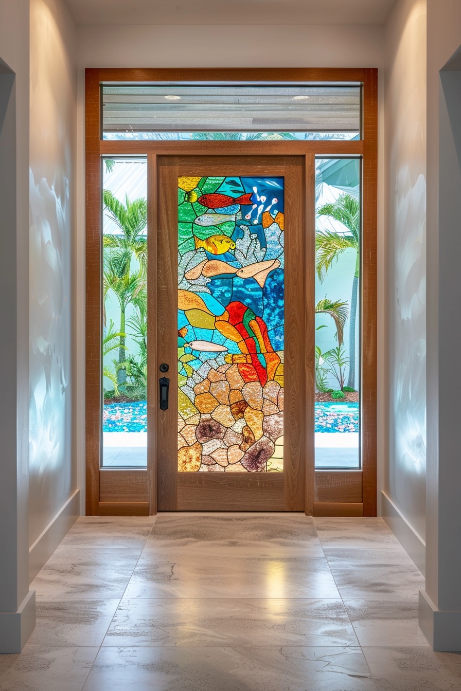 coastal home entry door coral mosaic