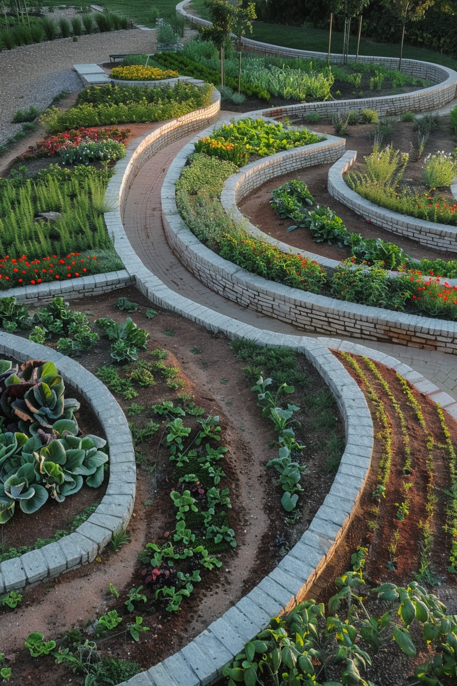 farmhouse garden layout with curved hardscape