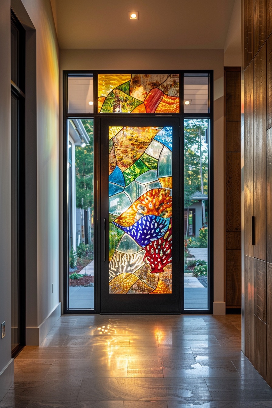 front door stained glass coral mosaic