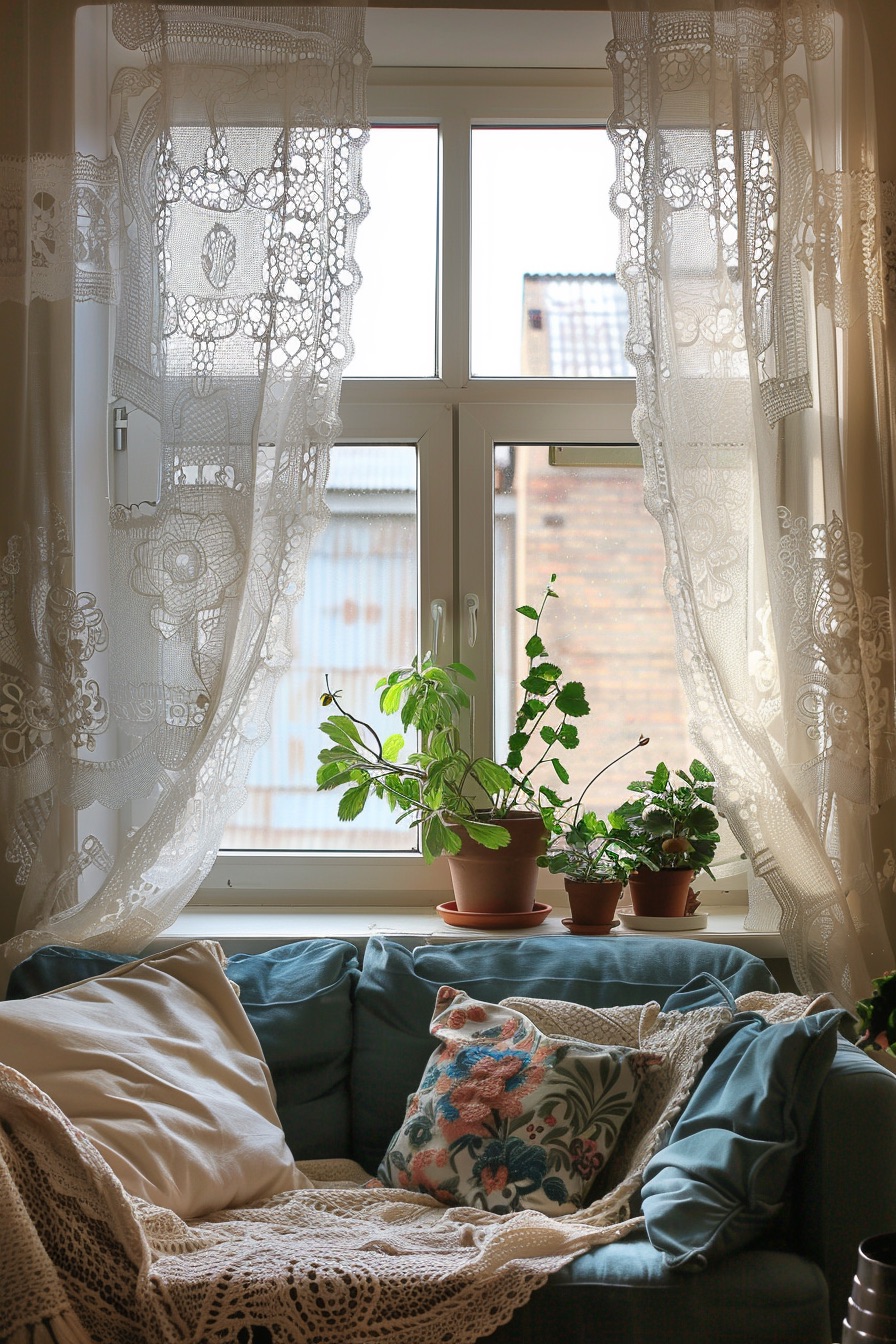 window with lace curtains