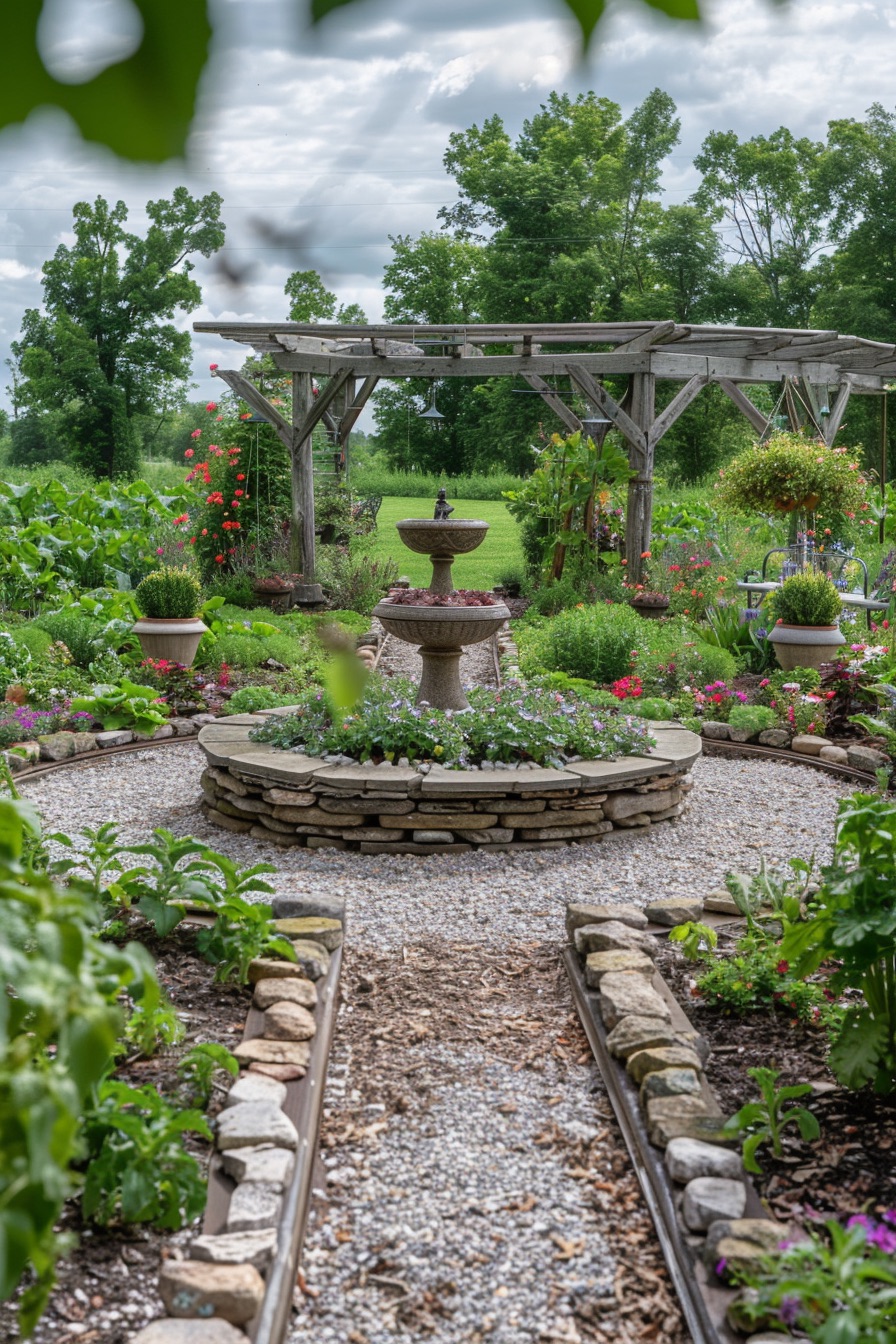 farmhouse circle garden layout with wildflowers centerpiece birdbath