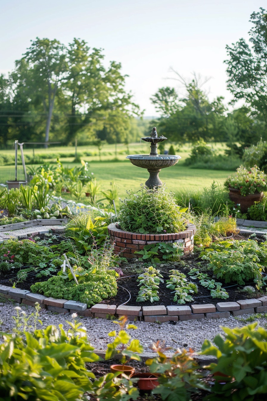 farmhouse garden layout with circle centerpiece birdbath