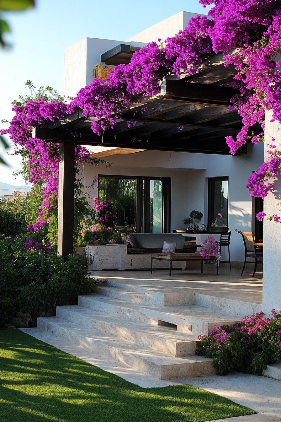 mediterranean house garden bougainvillea pergola 1