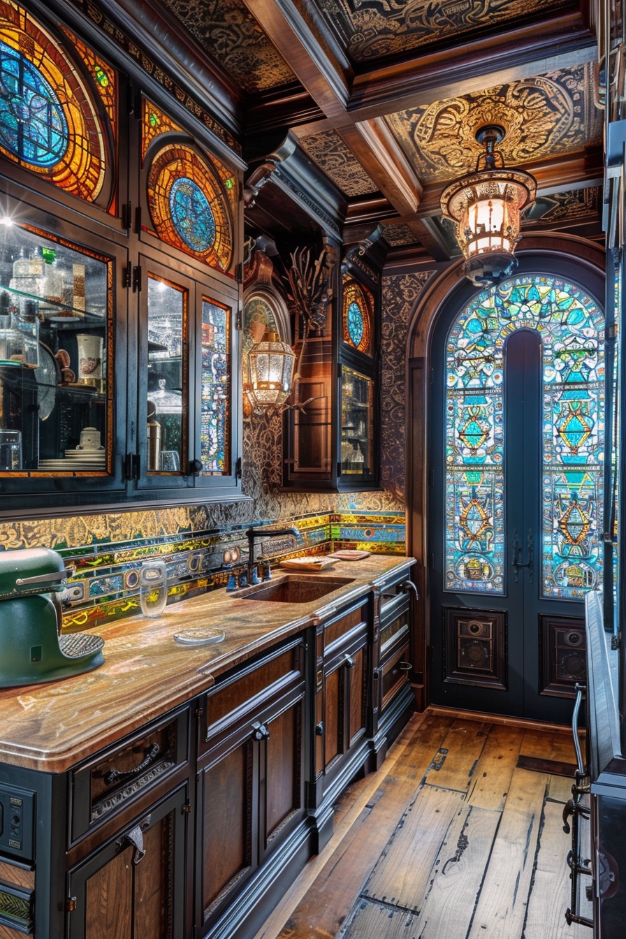 neo victorial kitchen interior with stained glass mosaics