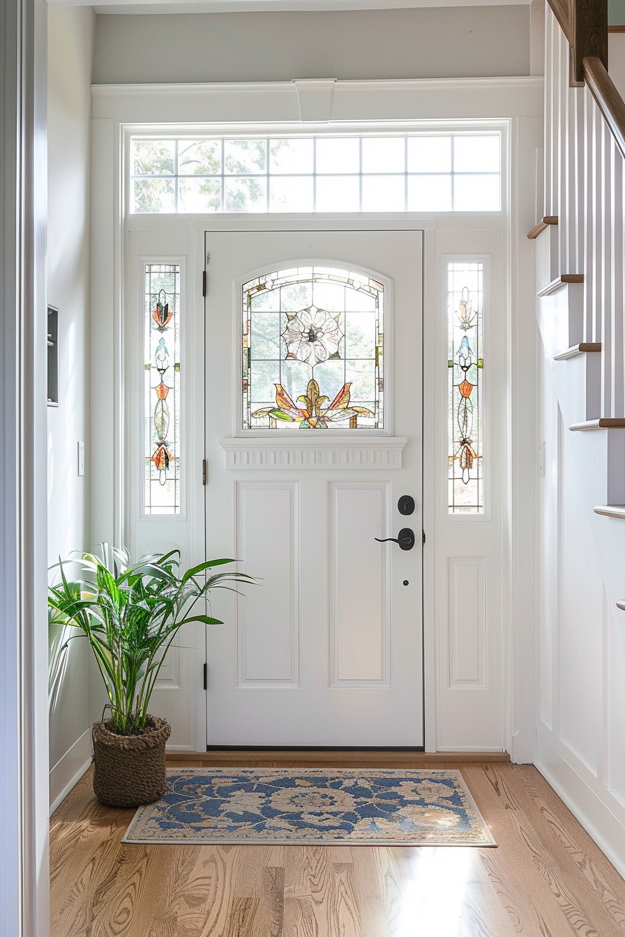 modern farmhouse entryway art deco stained glass door