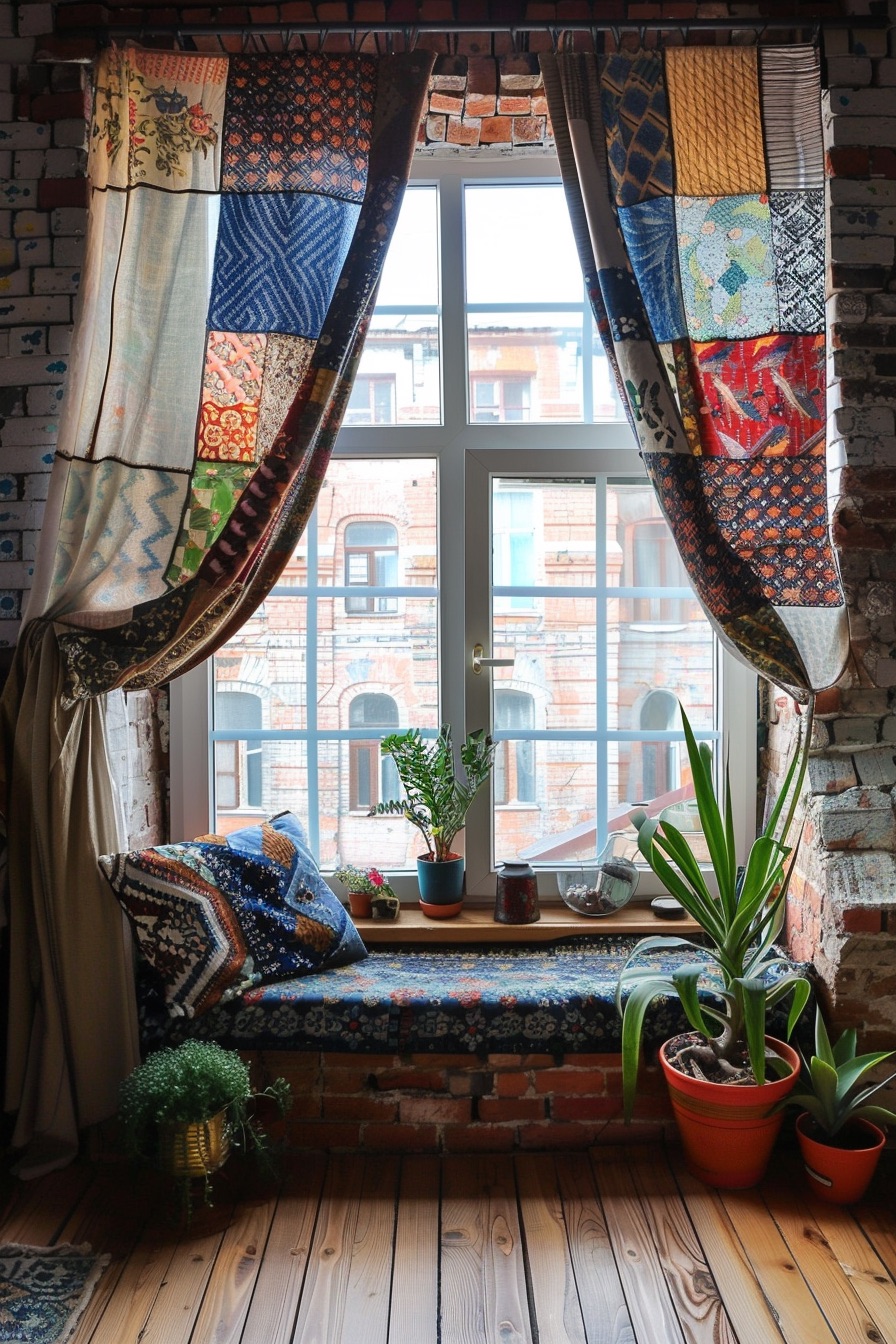 window seat with patchwork curtains