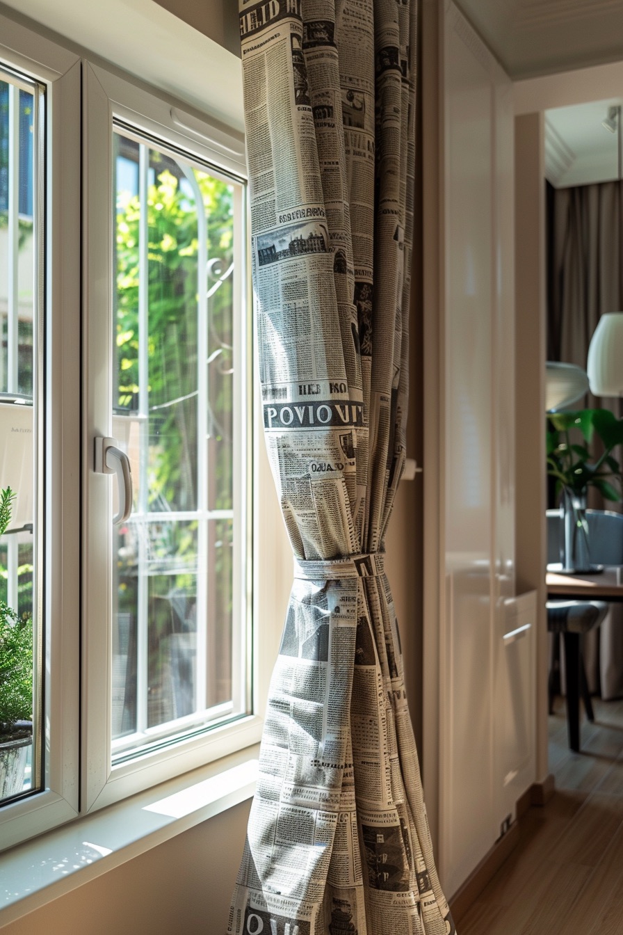 newspaper print curtain with tieback