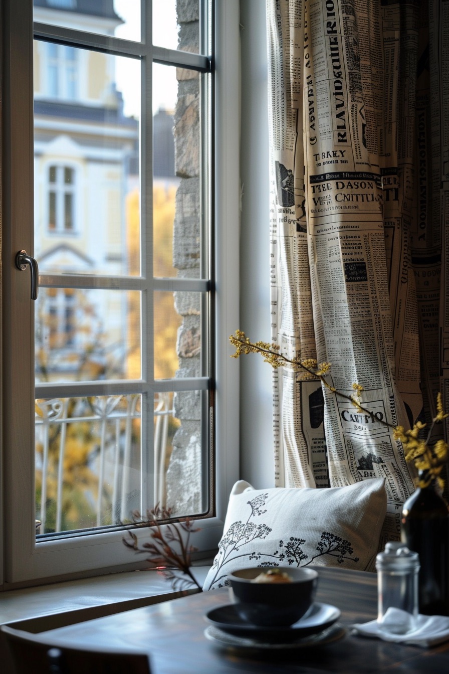 rustic decor with newspaper print curtains