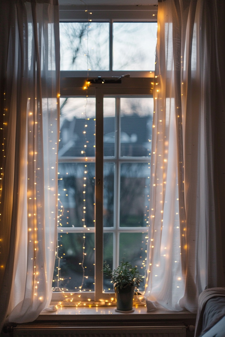 fairy lights in a window