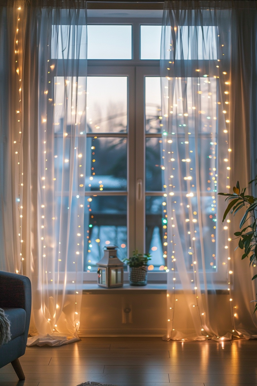 sheer curtains with fairy lights