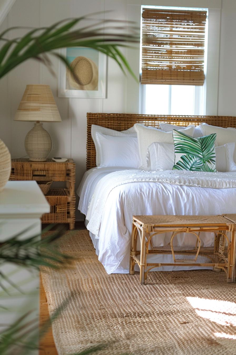 wicker bench and nightstand