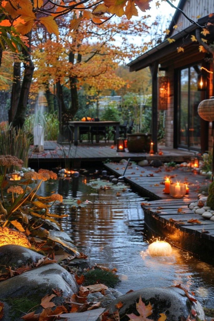 autumn garden with water features and candles lights