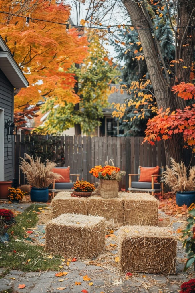 backyard garden decor with hay bales