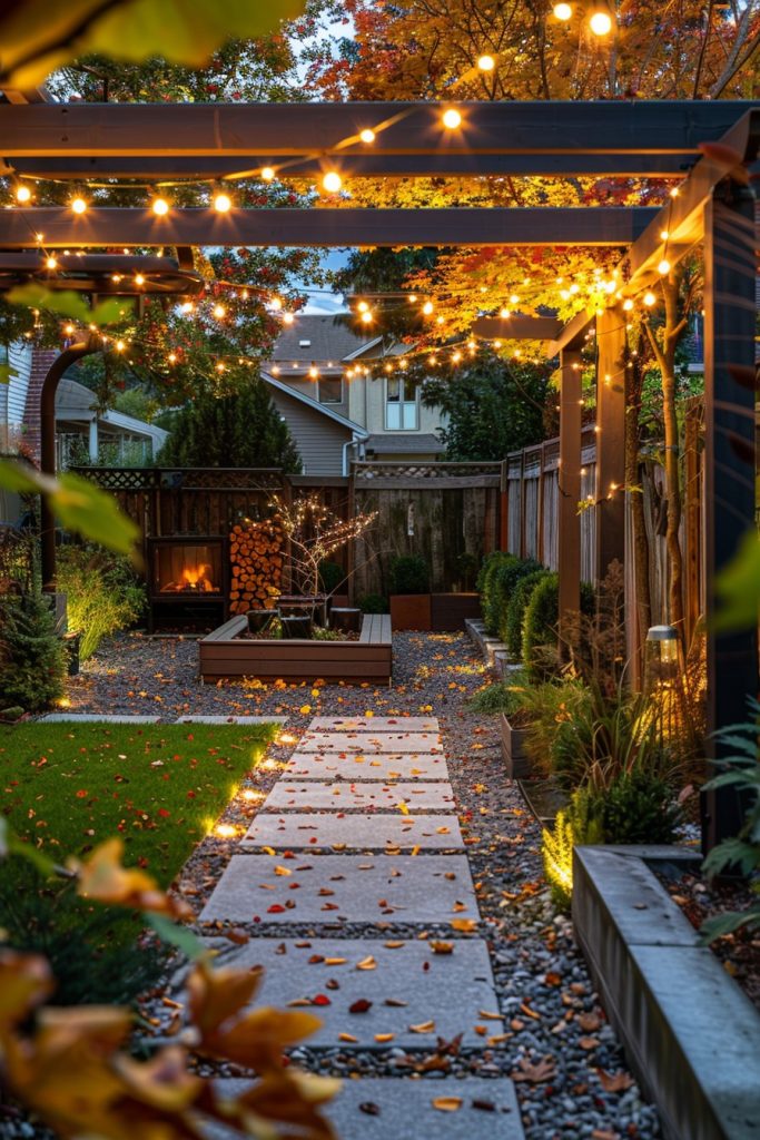 backyard garden pergola with lighting in fall