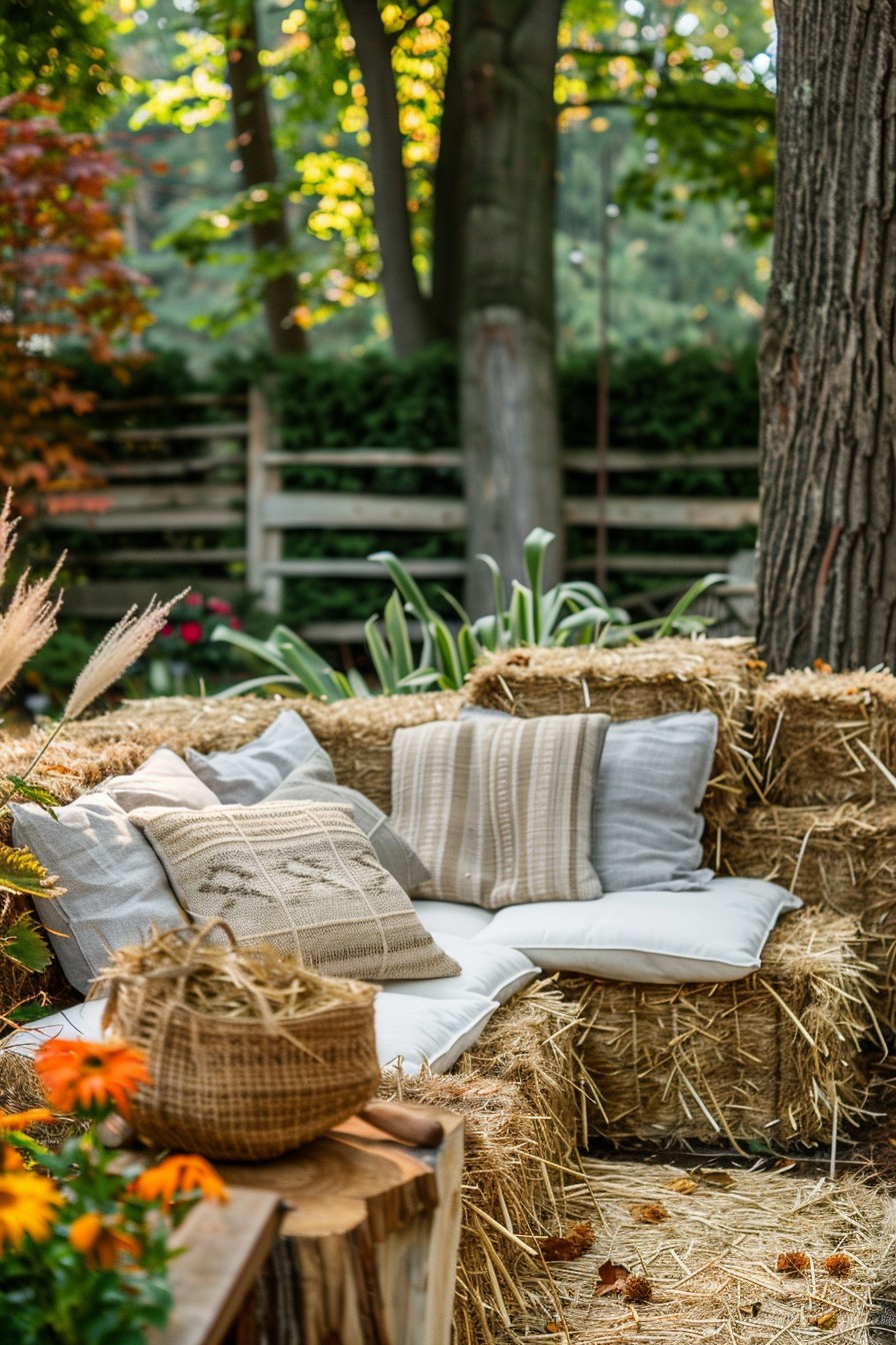 backyard garden seating made of hay bales
