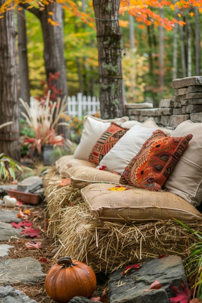 backyard hay bale seating with pillows