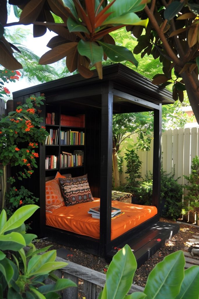 backyard nook with bookshelves