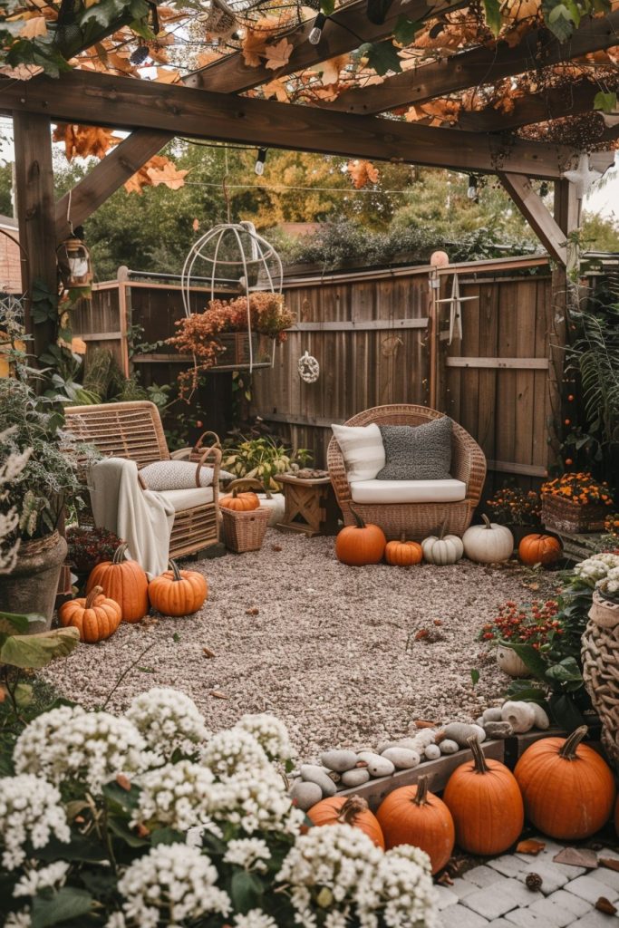 backyard nook with pumpkin decor