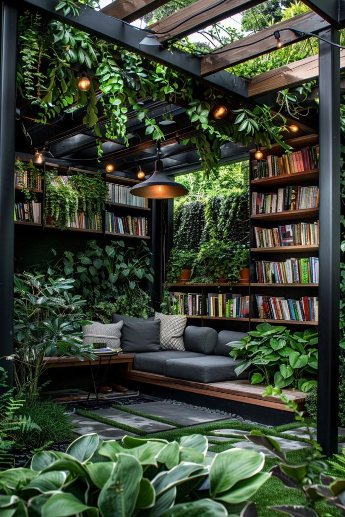 backyard patio with books