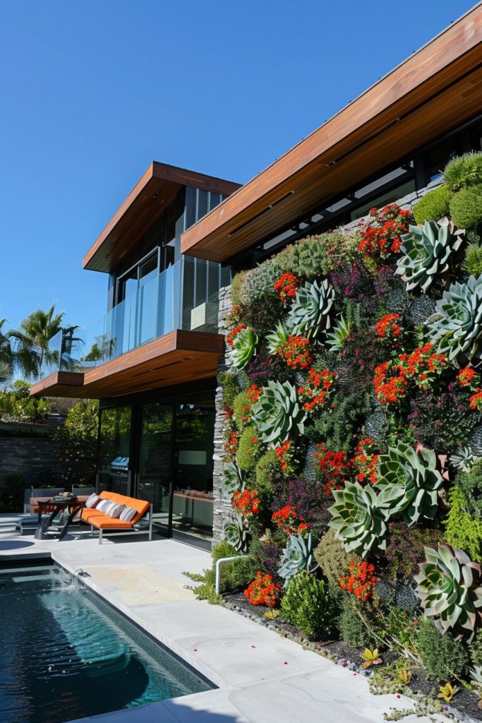 backyard pool colored succulent wall
