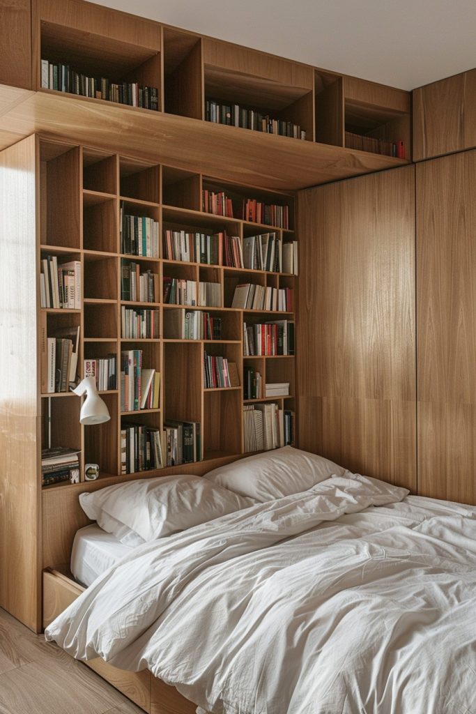 bed with integrated bookcases