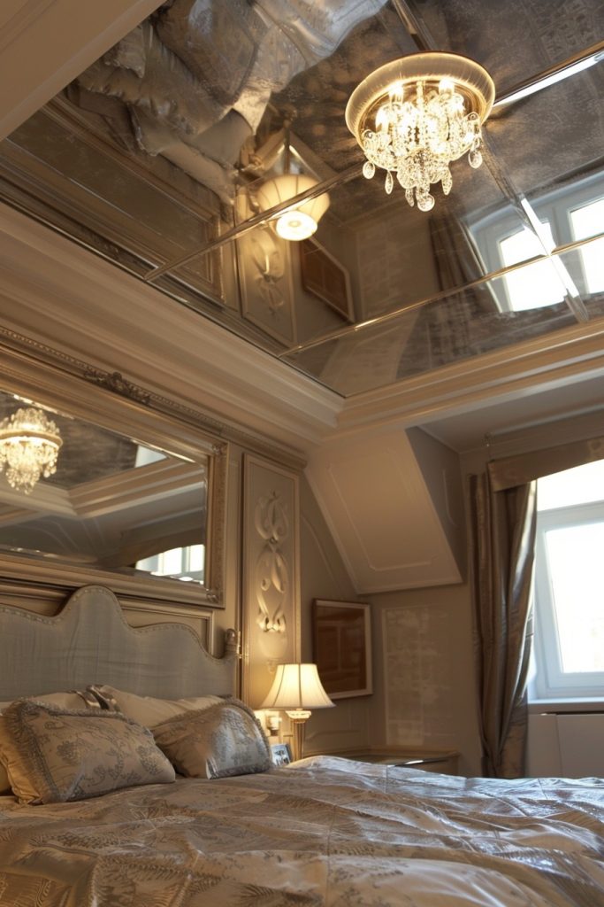 ceiling mirror and chandelier