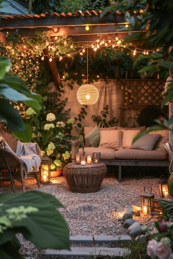 cozy garden nook with fairy lights