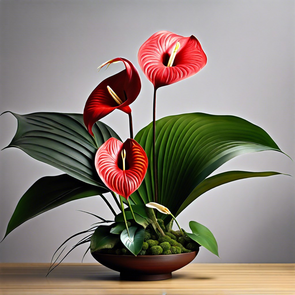curved palm leaves with anthurium