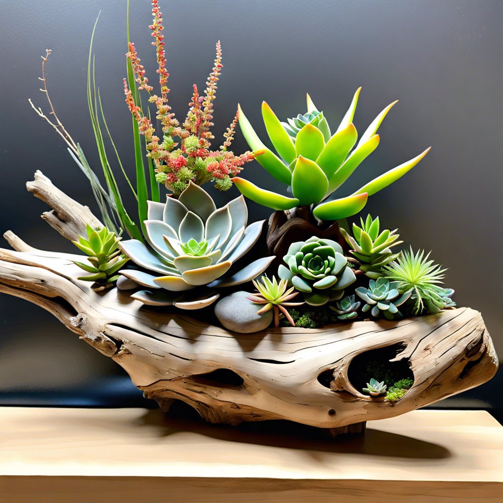 driftwood with succulents