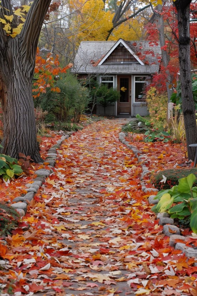 fall leafs path to a house