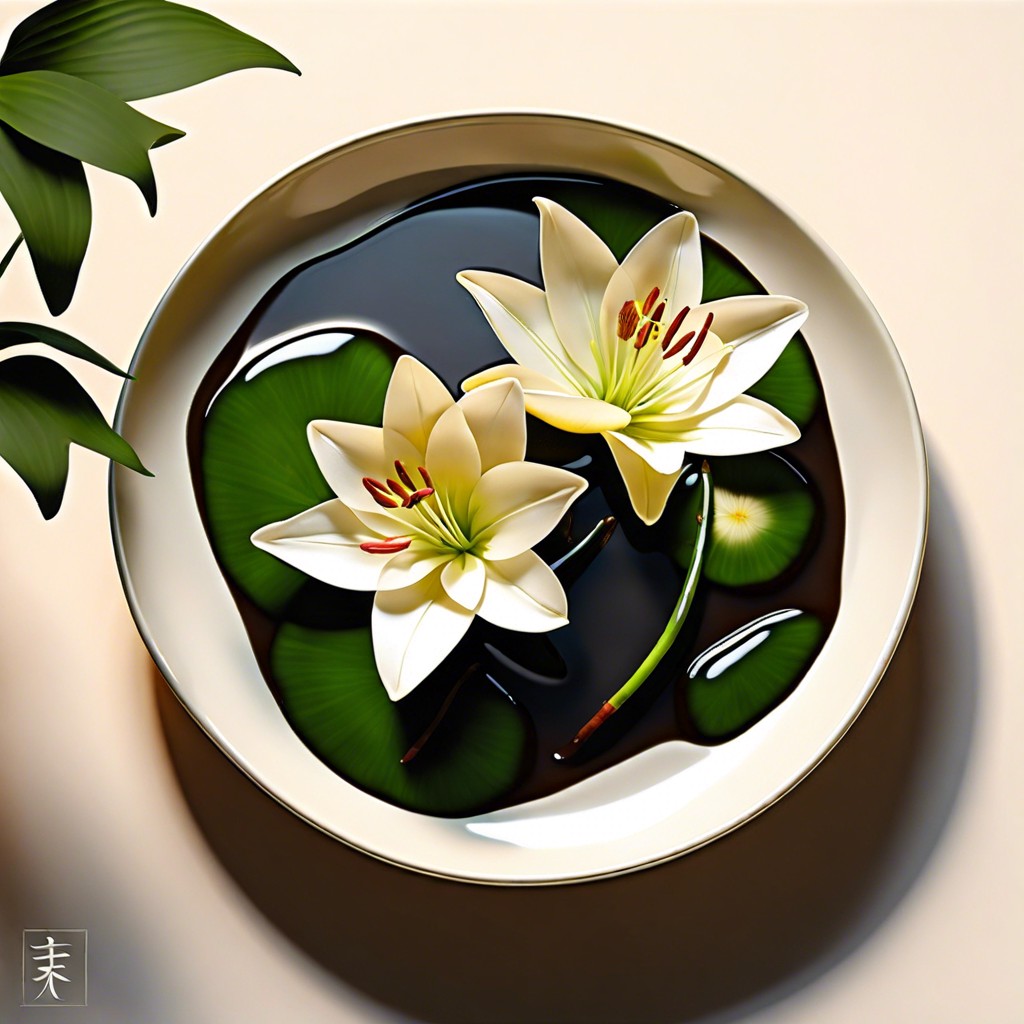 floating lilies in a shallow dish