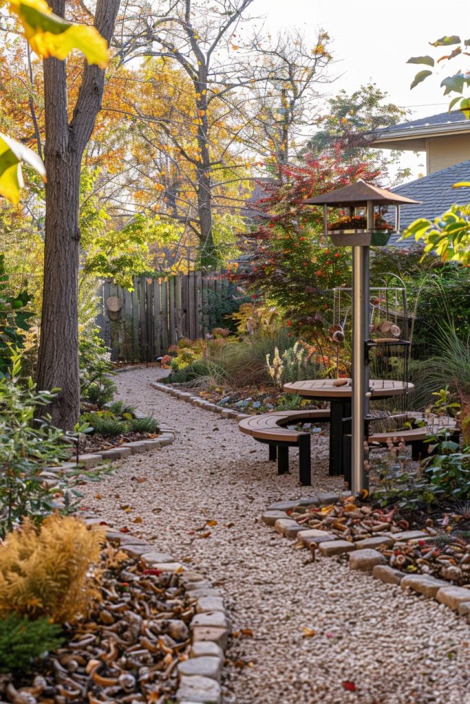 garde with birdfeeder in fall