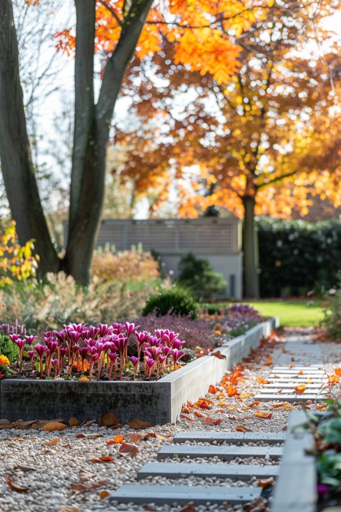 garden beds with colchicum