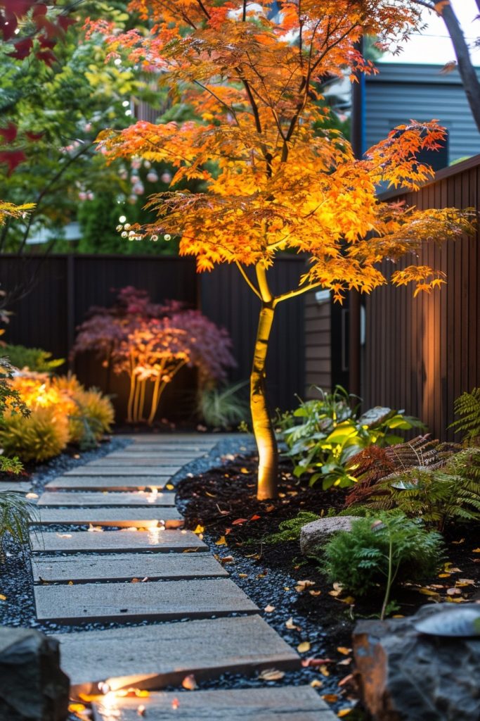 garden path with lighting in fall