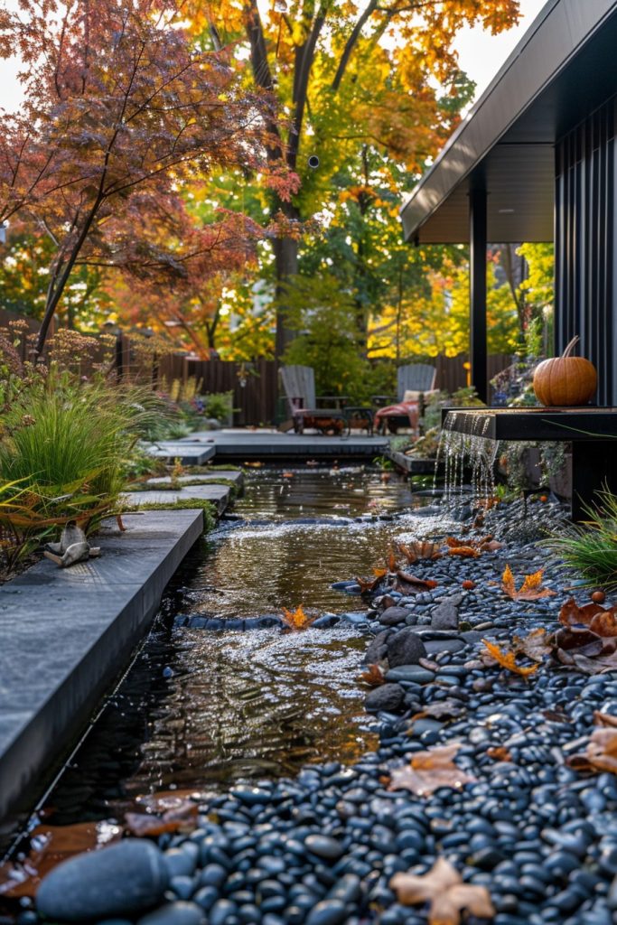 garden with water features fall decor