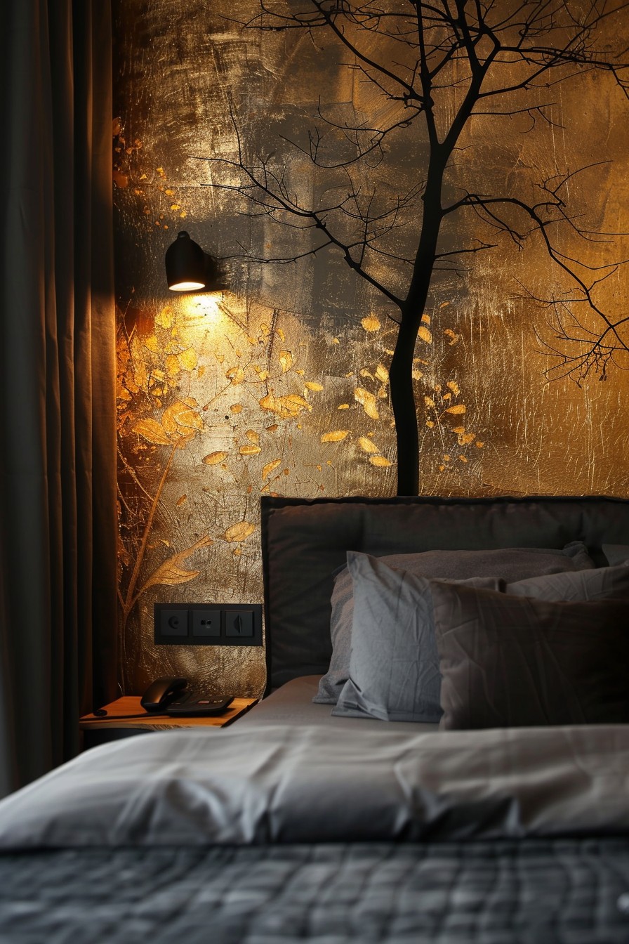 23 Dreamy Bedroom Accent Wall Ideas - Gold Leaf Accent Lighting