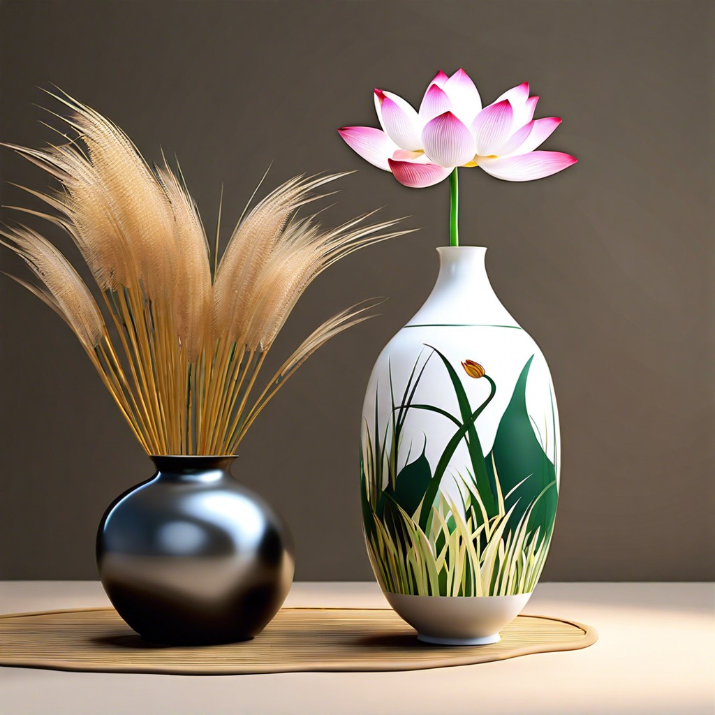 lotus and tall grasses in a modern vase