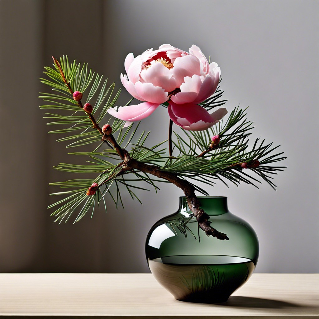 minimalist pine with a single peony