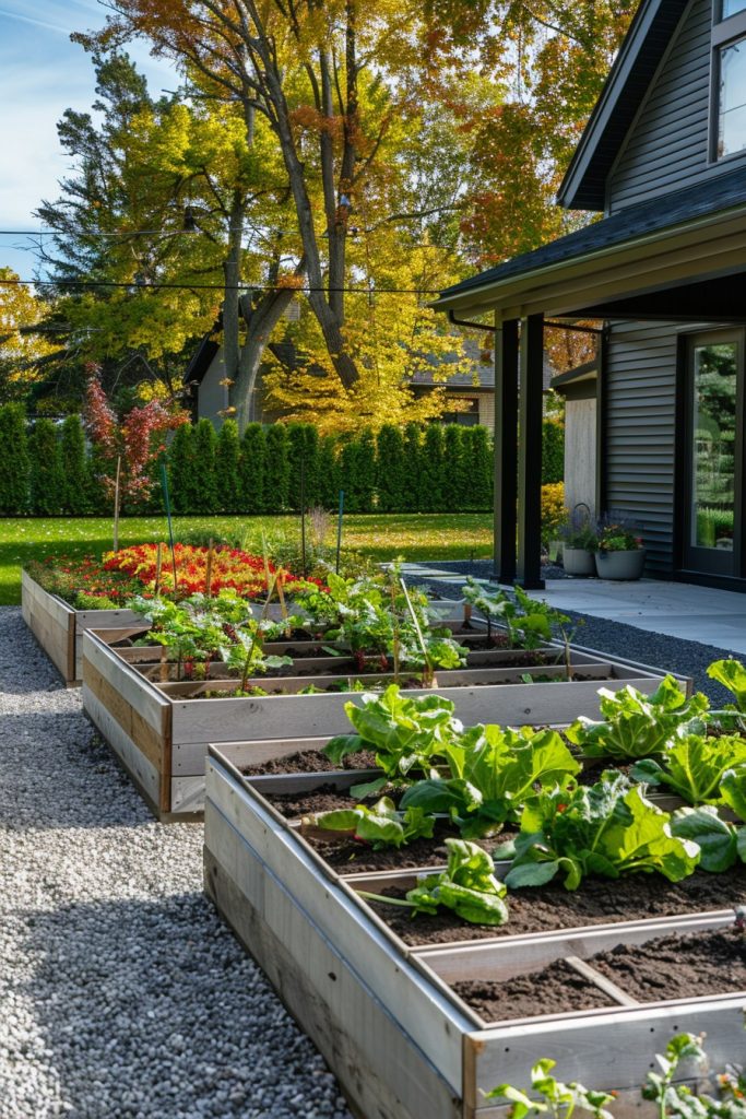 modern garden with kale and spinach beds