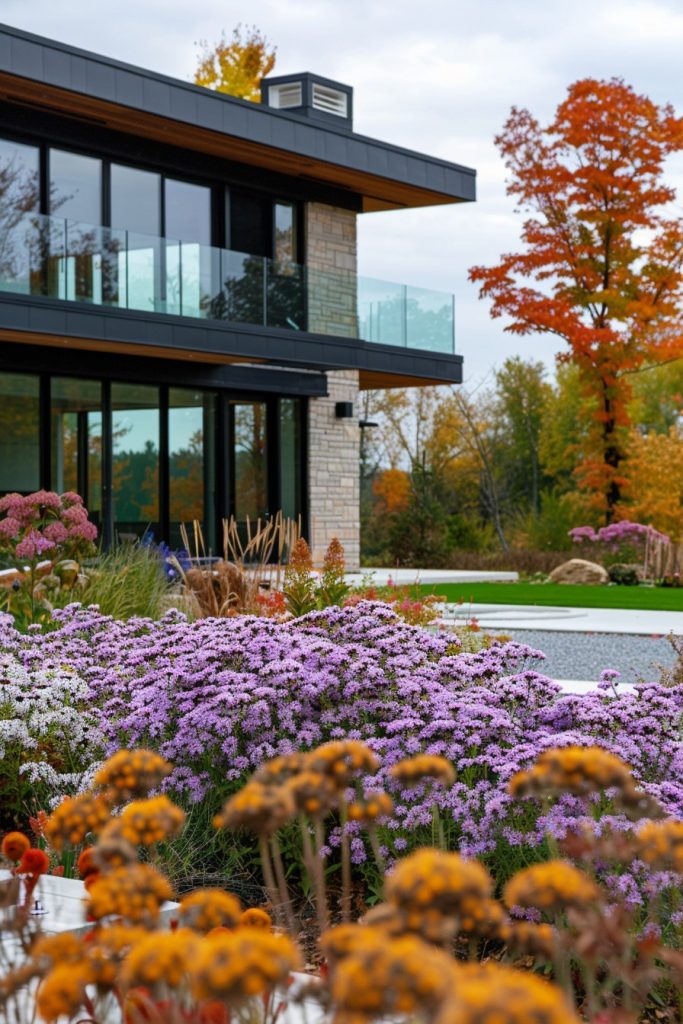 modern house front yard with asters