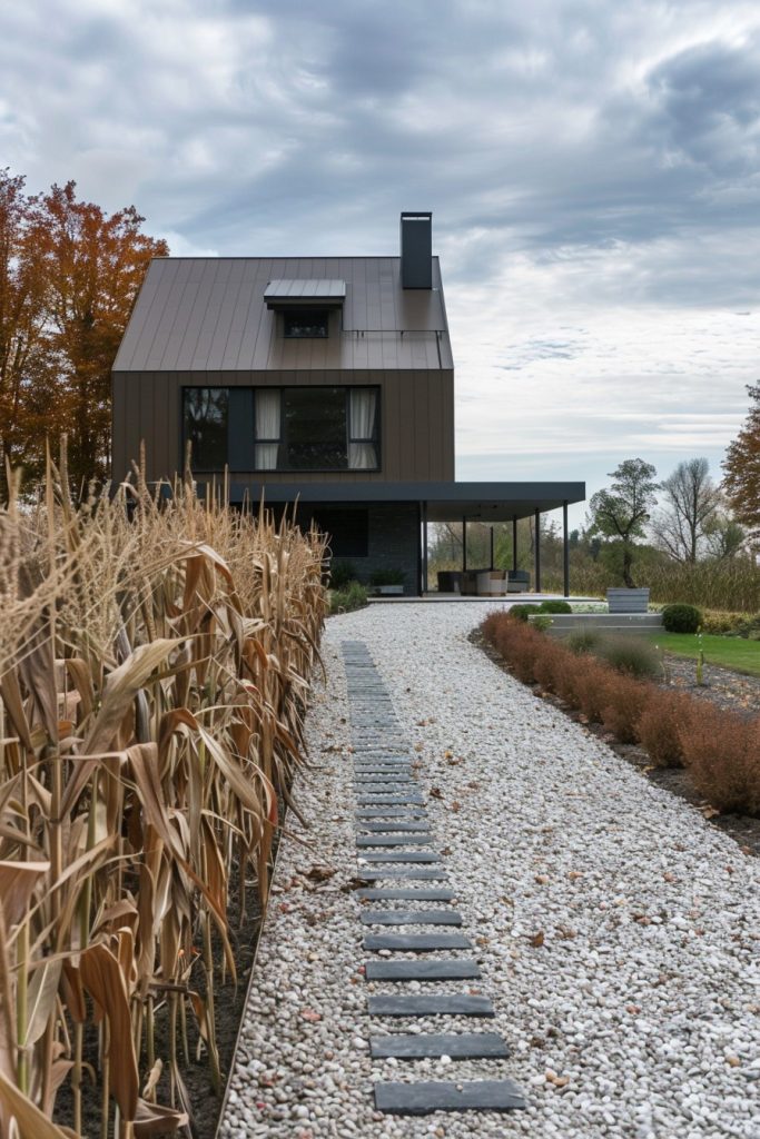 modern house landscape path with cornstalks