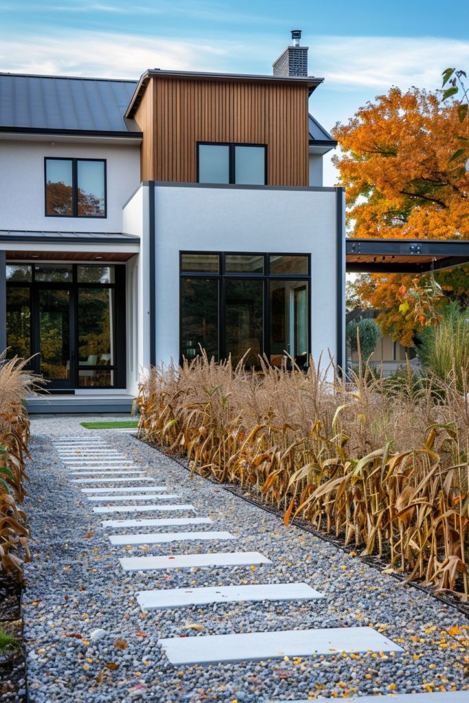 modern house path with cornstalk