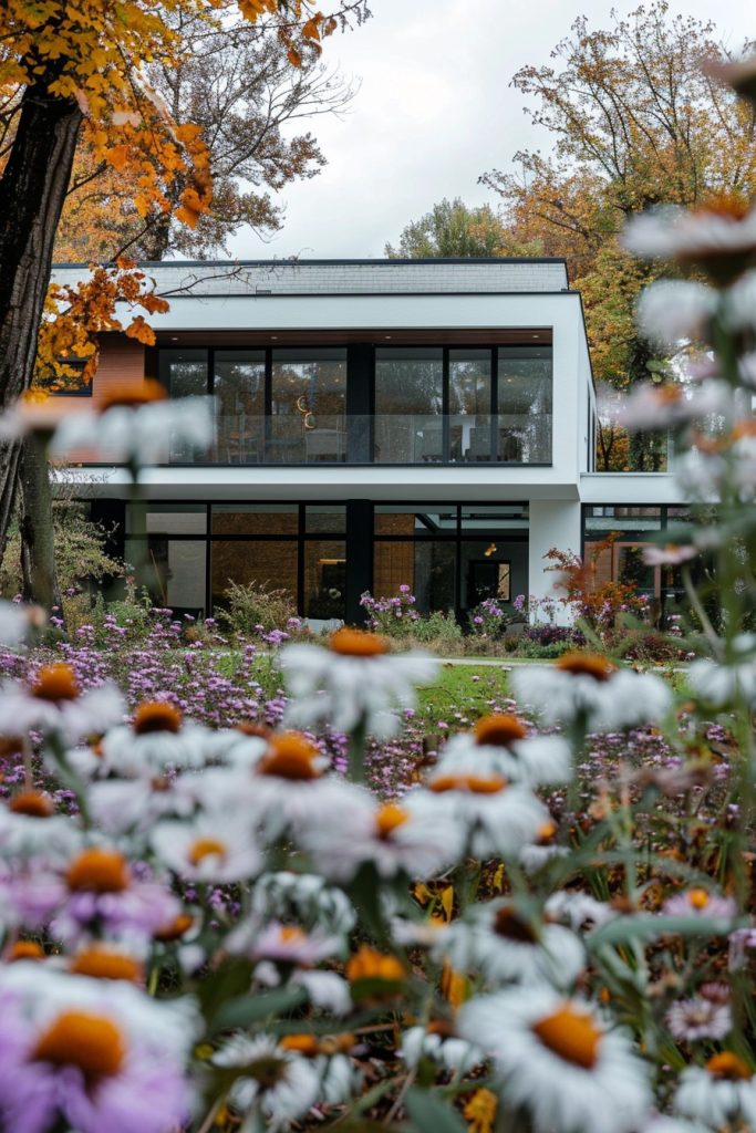 modern house with aster flowers