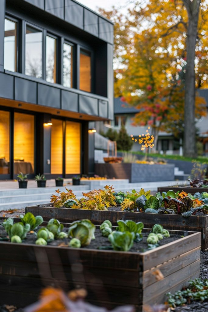 modern patio and garden with brussels sprouts