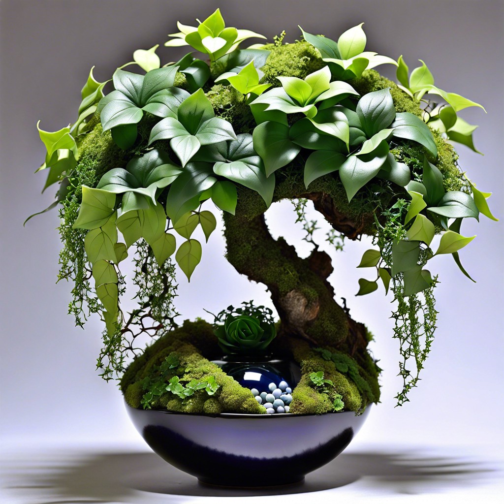 moss ball with cascading ivy