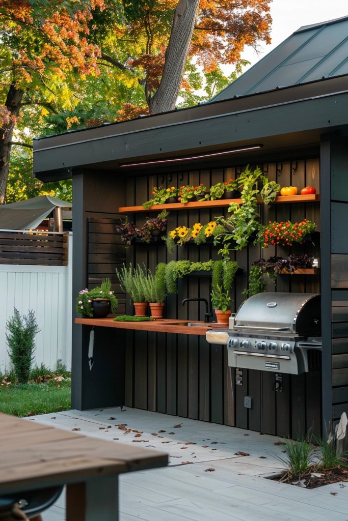 outdoor kitchen with herb gardens