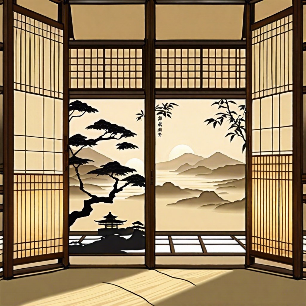 shoji screen with rice paper silhouettes