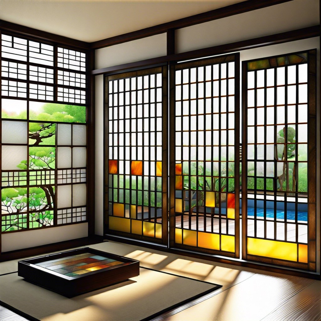 shoji screen with stained glass inserts