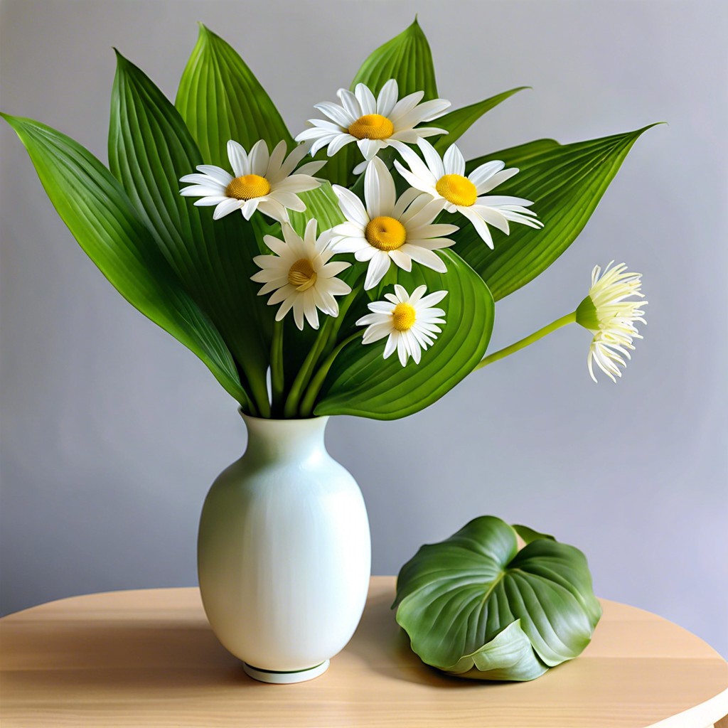 simple daisy bunch with hosta leaves