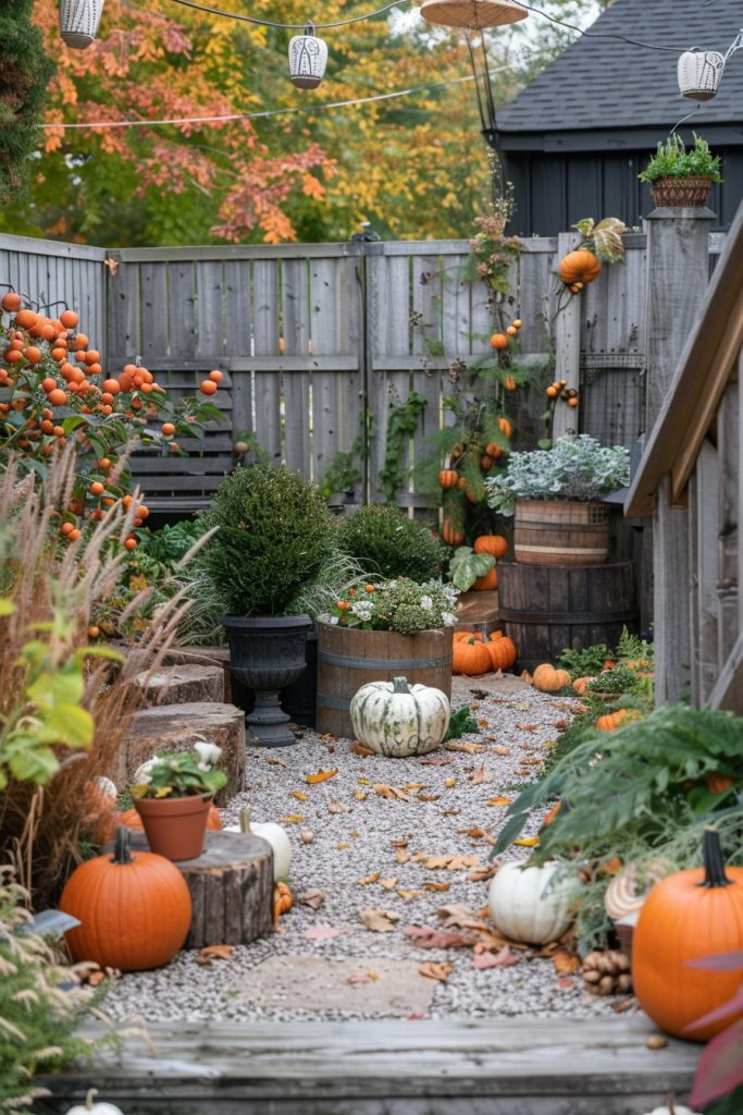 small backyard garden pumpkin decor